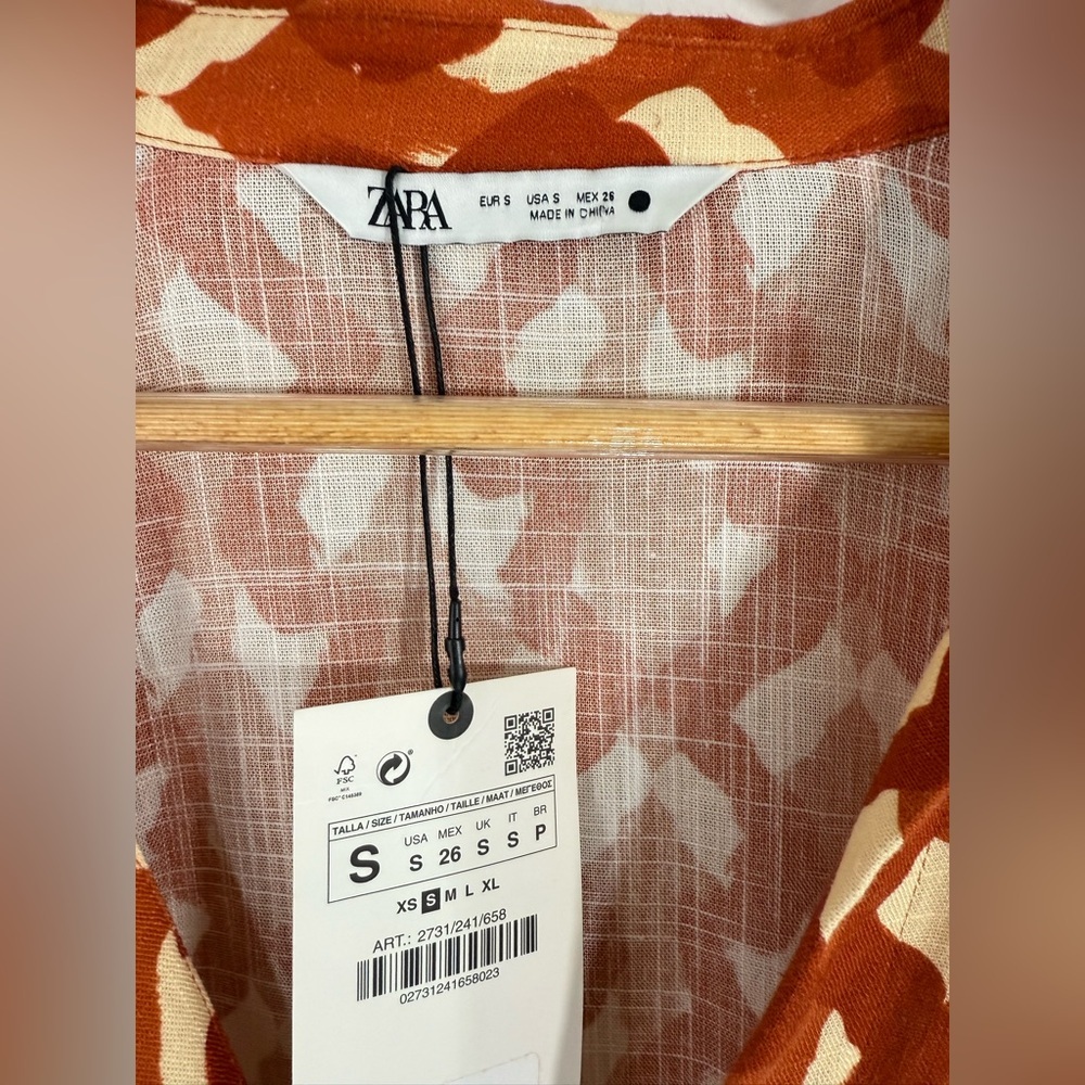 Zara Small Terracotta Print Linen Blend Twist Front Crop Top NWT Beaded Cuffs - Picture 15 of 16